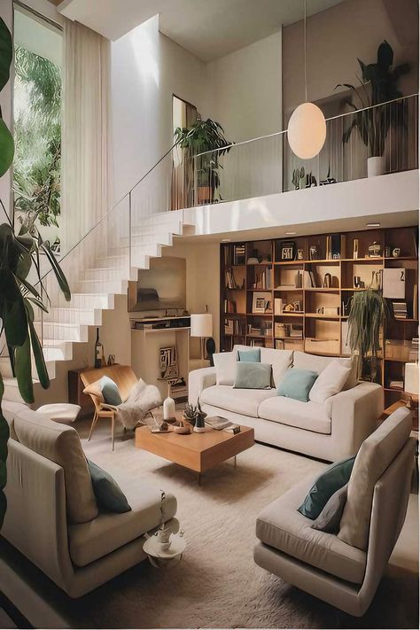 Stairs In Open Plan Living, Landing Overlooking Living Room, Multi Level Living Room Layout, Balcony Over Living Room, Village House Design Interiors, Living Room With Open Staircase, Stairs In The Living Room, Living Room With Multiple Entrances, Small Loft Area Ideas Upstairs