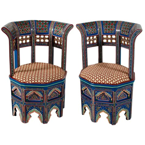 Pair of Moroccan Painted and Gilded Chairs | From a unique collection of antique and modern side chairs at https://www.1stdibs.com/furniture/seating/side-chairs/ Moroccan Chair, Islamic Furniture, Middle East Style, Turkish Furniture, Moroccan Furniture, Modern Side Chairs, Style Marocain, Shabby Chic Dresser, Wooden Chairs