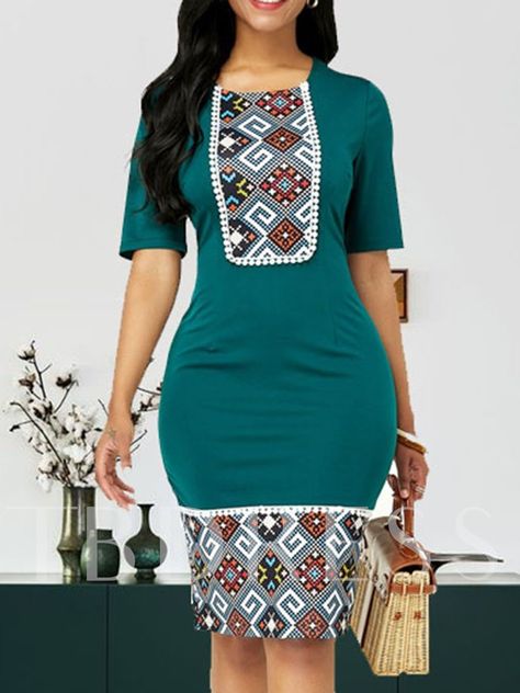 Print Knee-Length Short Sleeve Round Neck Bodycon Women's Dress Slim Bodycon Dress, Afrikaanse Mode, Straight Clothes, Dress Sleeve Styles, Design Dresses, Dress 2024, Printed Bodycon Dress, Straight Dress, Latest African Fashion Dresses