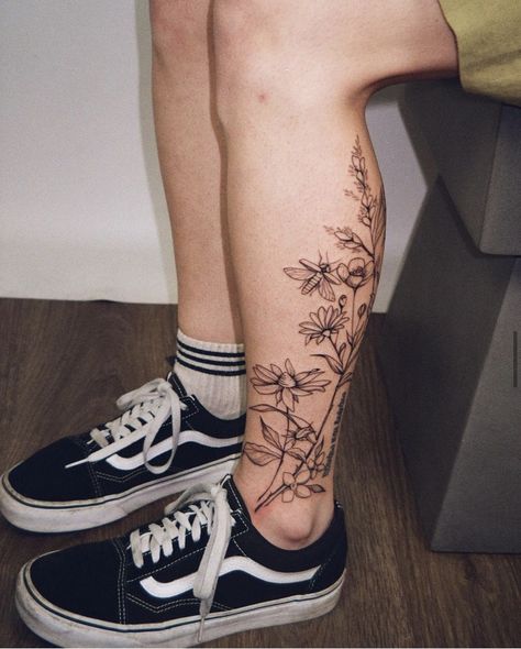 Flower Calf Tattoos For Women, Leg Flowers Tattoo, Ankle Surgery Scar Tattoo, Floral Leg Wrap Tattoo, Wildflower Ankle Tattoo, Calf Flower Tattoo, Floral Calf Tattoo, Wildflower Leg Tattoo, Calf Tattoos Women