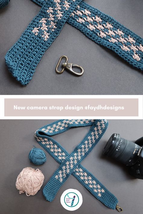 An almost finished camera strap crocheted in linen on colours of dark teal and a duky pink. Crochet Camera Strap Pattern, Crochet Camera Strap Pattern Free, Purse Strap Crochet, Crochet Handbag Strap, Crochet Guitar Strap Pattern Free, Camera Strap Crochet, Bag Straps Crochet, Guitar Strap Crochet, Crochet Adjustable Strap