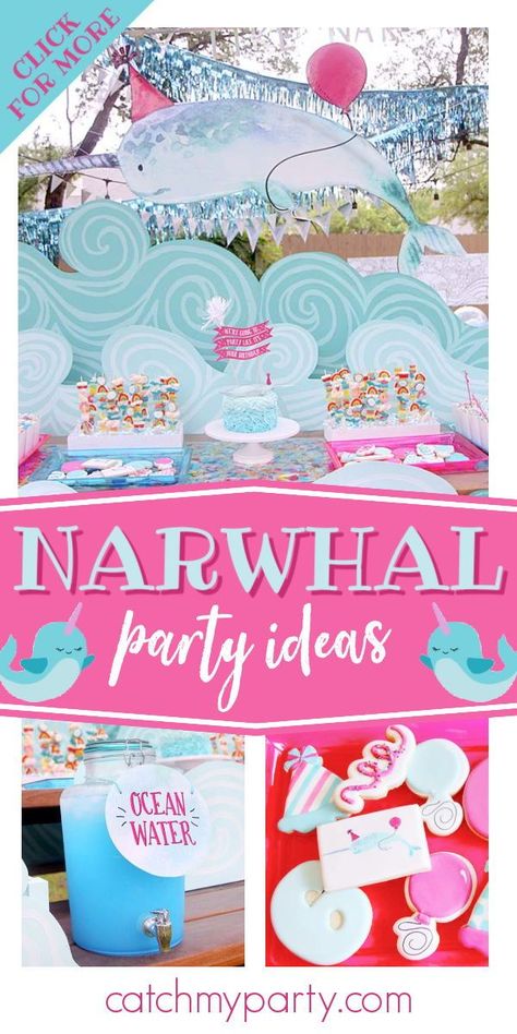 Take a look at this magical narwhal-themed birthday party! The backdrop is so impressive! See more party ideas and share yours at CatchMyParty.com Narwal Birthday Party, Not Quite Narwhal Party, Narwhal Party Ideas, Narwhal Birthday Party, Gabby Birthday, Narwhal Party, Fall First Birthday, Ocean Ideas, Sea Party Ideas