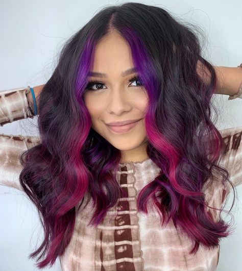 Fantasy Color Money Piece Hair, Plum Hair With Pink Money Piece, Pink And Purple Money Piece Hair, Fun Hair Color Ideas For Blondes Trends, Vivid Money Piece Hair, Rainbow Peekaboo Hair, Purple Halo Hair, Vivid Hair Color Ideas For Brunettes, Purple Money Piece Hair