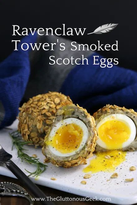 Harry Potter | Ravenclaw Tower's Smoked Scotch Eggs | The Gluttonous Geek Harry Potter Inspired Dinner Recipes, Fantasy Food Recipes, Harry Potter The Philosopher's Stone, Hogwarts Feast, Harry Potter Feast, Harry Potter Recipes, Fictional Food, Harry Potter Treats, Harry Potter Parties Food