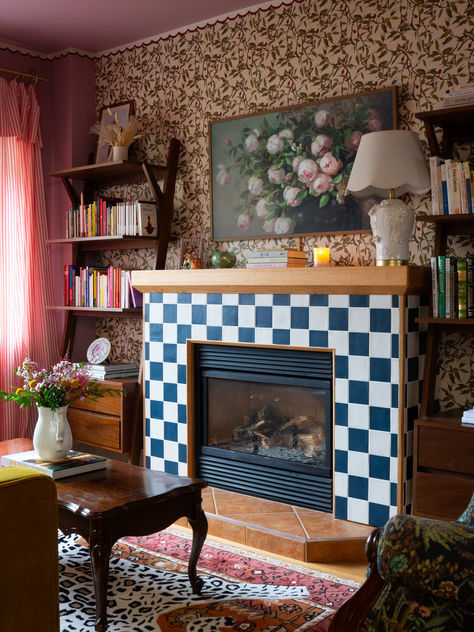 Bold, maximalist, colourful, grandma-chic style living room inspo, including removable renter-friendly fireplace cover! Check out the full reveal here! Anthropologie Fireplace, Eclectic Fireplace Decor, How To Decorate Around A Fireplace, Grandma Interior Design, Grandma Chic Living Room, Eclectic Grandma Decor, Maximalist Fireplace, Cozy Maximalist Living Room, Eclectic Maximalism Living Room