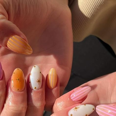 JENNA KELLY | Utah Nail Artist on Instagram: "the BEST nail sets are the ones you throw together & end up turning out to be your FAV ! 🩷⭐️✴️✨  @kenncarn I swear everytime we do your nails, we say “okay this is my favorite set we’ve done” hehe ily  @haha_nails_products fruit loop cuticle oil   #blushbeautyandco #utahnails #utahnailtech #ogdennails #ogdennailtech #nailinspiration #nailinspo #nailinstagram #boycottboringnails #auranails #starnails #stripednails #stripednailart #summernails #summernailart #springnails #hardgelnails #luminarynails #naturalnailsonly #nailart #nailartaddict #nailartclub #nailartdesign #handpaintednails #pinknails #orangenails #trendingnails #trendingnailart" Jenna Kelly, Nail Kawaii, Nails Products, Hard Gel Nails, Nail Art Stripes, Hello Nails, Hippie Nails, Nails Now, Nail Sets