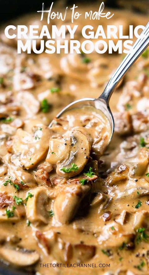 Creamy garlic mushrooms with bacon the perfect side dish. Done in less than 15 minutes and great with dinner. Visit thetortillachannel.com for the full recipe #thetortillachannel #creamymushrooms #creamygarlicmushrooms #mushroomswithbacon #sidedish Easy Mushroom Recipes, Garlic Mushrooms Recipes, Vegetarian Eating, Mushroom Side Dishes, Creamy Garlic Mushrooms, Garlic Mushrooms, Mushroom Gravy, Chicken Dinners, Creamy Garlic