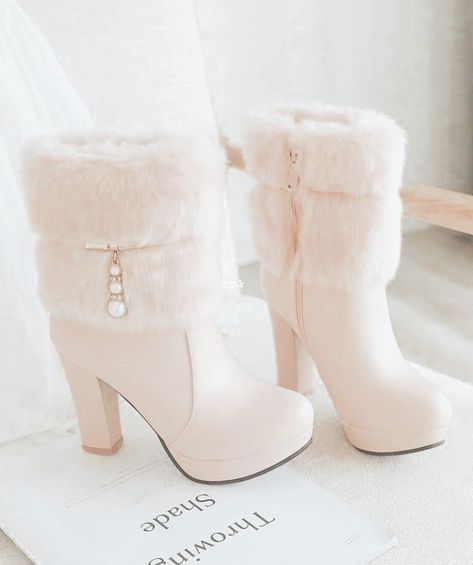 Cute Hills Shoes, Girly Shoes Boots, Girly Boots, White Short Boots, Shoe Hacks, Fairy Shoes, Cute High Heels, Preppy Shoes, Fashion Shoes Heels