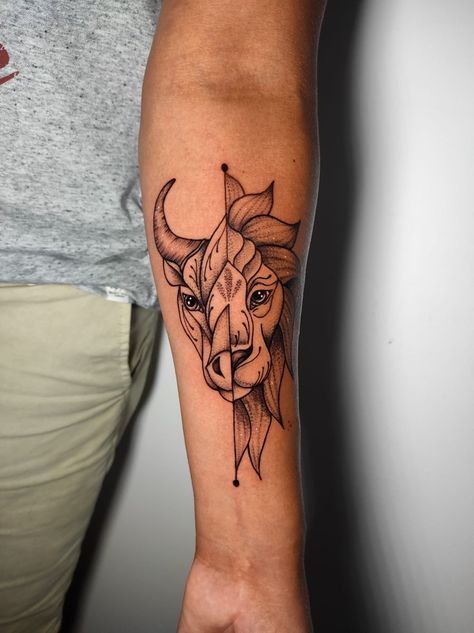 Half Lion Half Bull Tattoo, Leo And Taurus Tattoo Combined, Capricorn And Leo Tattoo Combined, Taurus And Leo Tattoo Together, Lion And Bull Tattoo, Family Zodiac Tattoos Ideas, Leo Taurus Tattoo, Taurus Leo Tattoo, Leo And Taurus Tattoo