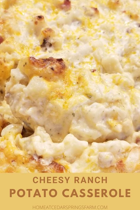 Cheesy Ranch Potato Casserole - Home at Cedar Springs Farm Cream Of Mushroom Potatoes, Ranch Potato Casserole, Cream Mushroom Soup, Ranch Potatoes Baked, Ranch Potato Recipes, Cheese Potato Casserole, Cheesy Ranch Potatoes, Hashbrown Casserole Recipe, Healthy Potato