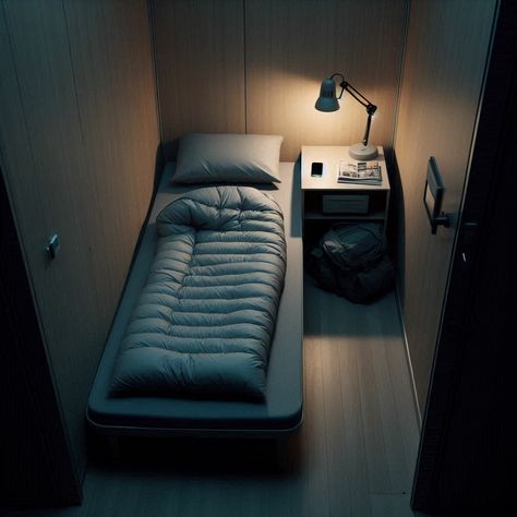 Minimalist Tech Bedroom, Futuristic Dorm Room, Room Inspo Futuristic, Japanese Bedroom Aesthetic Dark, Cybercore Minimalist Room, Cozy Cyberpunk Apartment, Extreme Minimalism, Industrial Bedroom Design, Comfortable Bedroom Decor