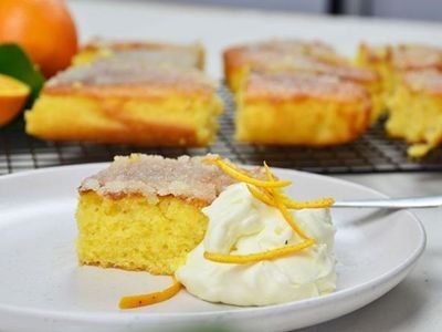 Crunchy-Topped Orange Slice Recipe. See notes for buttermilk sub. Rice Bubble Slice, Orange Syrup Cake, Syrup Cake, Cardamom Cake, Dessert From Scratch, Orange Syrup, Flourless Cake, Slices Recipes, Orange Cake