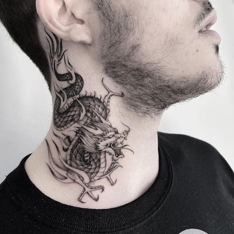 Around The Neck Tattoo, Blackwork Dragon Tattoo, Dragon Neck Tattoo, Dragon Tattoo Neck, The Neck Tattoo, Dragon Thigh Tattoo, Front Neck Tattoo, Asian Dragon Tattoo, Tattoo Japanese Style