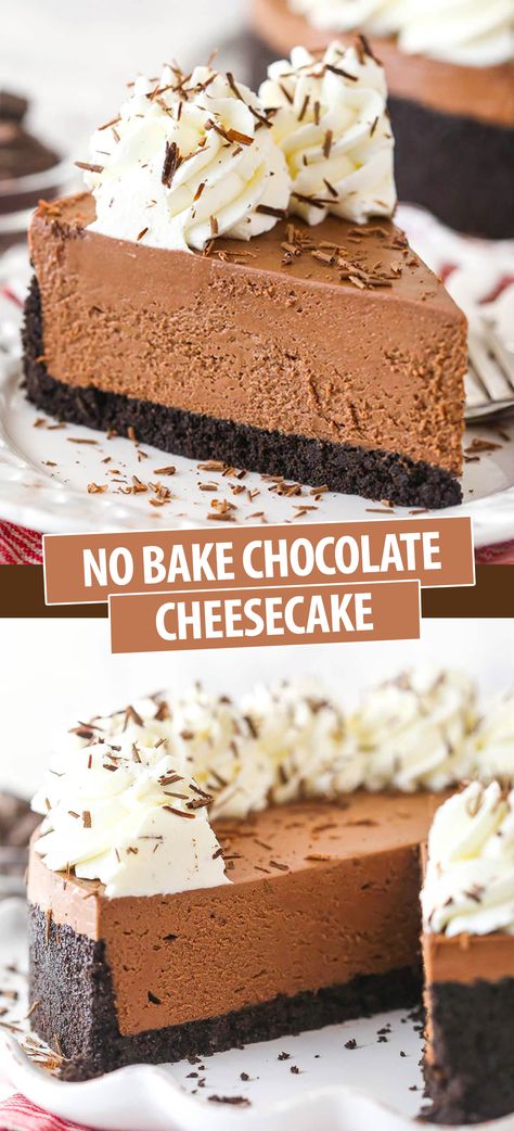 This No Bake Chocolate Cheesecake recipe is easy to make and requires no oven! It’s rich, creamy and full of chocolate flavor with melted chocolate, cocoa powder and a crunchy chocolate cookie crust! The perfect quick and easy dessert that’s sure to impress! Best No Bake Chocolate Cheesecake Recipe, Chocolate Dessert Ideas For Thanksgiving, Chocolate Peanut Butter No Bake Dessert, No Bake Brownie Batter Cheesecake, Quick Baking Recipes Desserts, Philadelphia Cheesecake No Bake Filling, Chocolate Cheesecake Recipe No Bake, Food And Dessert Recipes, S’mores Cheesecake Recipe