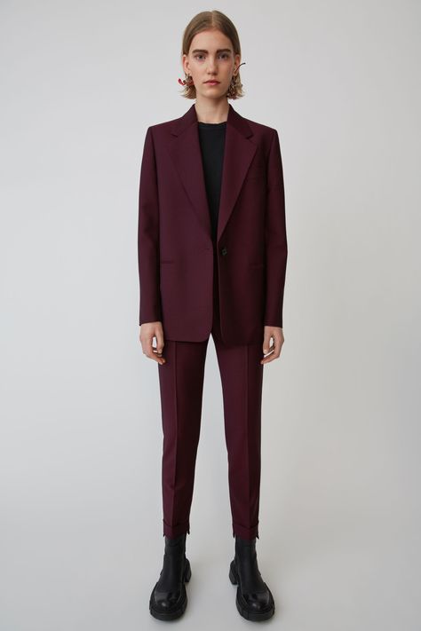 Burgundy Suit Women, Fancy Attire, Cuffed Trousers, Single Breasted Suit, Denim Coat Women, Burgundy Blazer, Purple Suits, Burgundy Suit, Queer Fashion