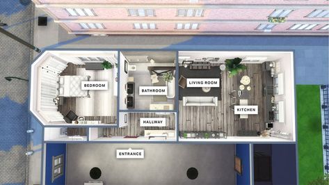 a one bedroom apartment in San Myshuno - by Color & Space #TheSims4 Sims 4 San Myshuno Apartment Ideas, San Myshuno Apartments Layout, Sims 4 San Myshuno Apartment, Sims4 Apartment, Sims 4 Apartment Layout, Grey Apartment, Apartment Layouts, Sims 4 Houses Layout, Ts4 Mods