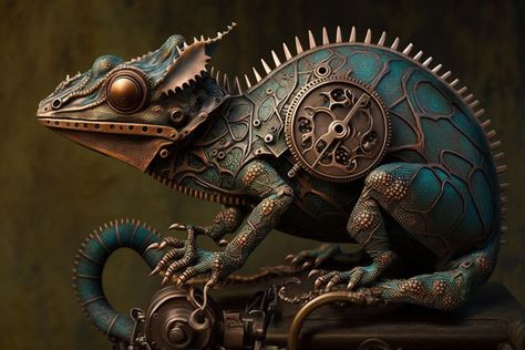 Steampunk lizard created with AI by Amanda Church Robot Lizard, Steampunk Chameleon, Steampunk Turtle, Steampunk Sea Creatures, Steampunk Animals Illustration, Steampunk Bird, Steampunk Robot, Steampunk Animals, Steampunk Artwork