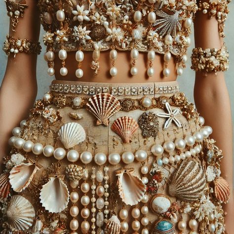 Suns out- Shells out! How incredible is this fit? Would you rock it? We totally would.   #vezza #vezzavibe #vezzastudiio #vezzasocal #seashells #shells #california #sandiego #mermaidcore Sea Shells Inspired Dresses, Sally Sells Seashells Costume, Shells On Clothes, Sea Shell Tops, Sea Shell Inspired Fashion, Seashell Mask, Beach Saree, Seashell Clothing, Seashell Fashion