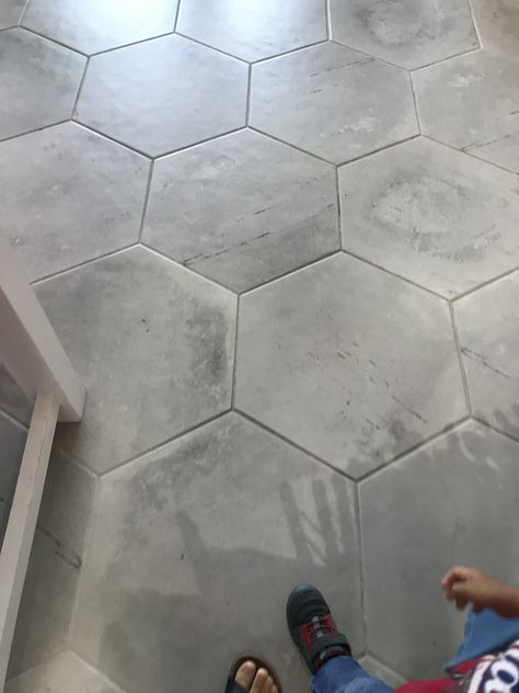 Large Hexagon Tile. Versatile can go for the look of any farmhouse or modern. Full House Tile Floor, Concrete Hexagon Tile Floor, Large Room Tile Floor, Large Hex Tile Floor, Hexagon Tile Living Room, Large Hexagon Tile Floor Kitchen, Mudroom Tile Floor Ideas Farmhouse, Modern Tile For Kitchen Floors, Large Hexagon Bathroom Floor