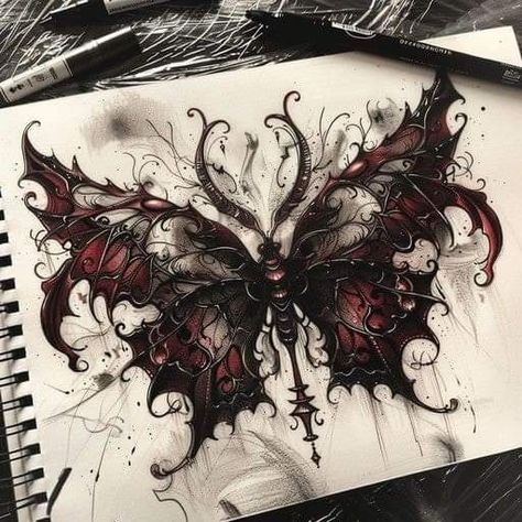 Creepy Back Tattoo Women, Best Cover Up Tattoos For Women Leg, Women's Chest Tattoo, Butterfly On Back Tattoo, Goth Butterfly Tattoo, Ethereal Tattoo Ideas, Red Riding Hood Tattoo, Dark Nature Tattoo, Dragon Skull Tattoo