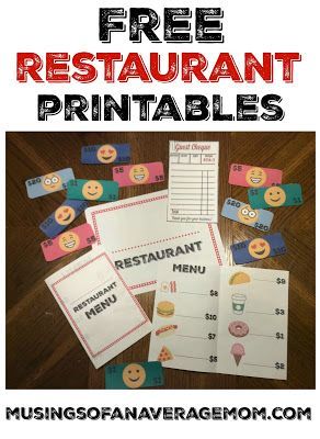 Free pretend play restaurant printables including personalized sign, menu with pictures and prices, emoji money, and guest cheques Pretend Play Activities, Play Restaurant, Play Menu, Pretend Play Printables, Kids Restaurants, Dramatic Play Printables, Play Printables, Pre K Pages, Restaurant Themes