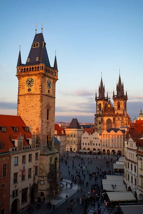 image of Prague Old Town Square skyline with the Tynn Church on a sunny afternoon with blue sky. Things To Do In Prague, Prague Travel, Planning A Trip, Local Guide, City Break, Old Buildings, Iconic Landmarks, Old City, Hidden Gems