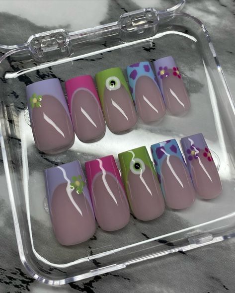 Monsters Inc 💜 Sets available on Depop Kits include everything needed for a successful application 💅🏼 #monstersinc #disney #monstersincnails #colorfulnails #naildesign #nailaddict #disneygram #nailsnailsnails #nails2inspire #mediumnails #frenchtipnails #cutenails Sully Nails Monsters Inc, Monsters Inc Nails Design, Monsters Inc Nail Art, Monster Inc Nails, Monster High Nails, Sully Monsters Inc, Halloween 3d, Monster Inc, Short Nails Art