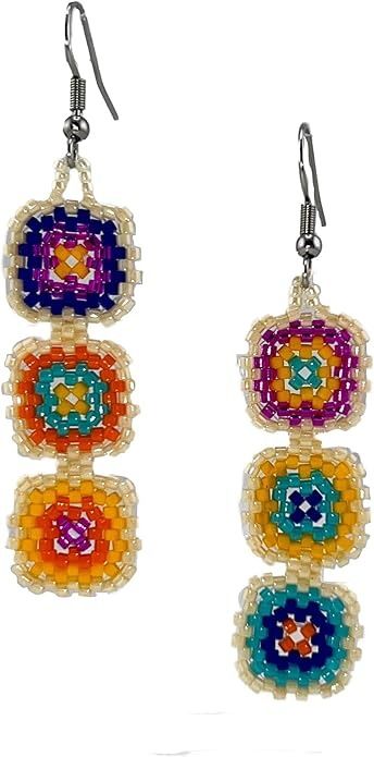 Amazon.com: Miyuki Beaded Granny Square Delight Dangle Earrings - Handmade Bohemian Statement Jewelry, Traditional Tribal Boho Chic Japanese Glass Bead Drop Earrings for Women (Cream Boarder): Clothing, Shoes & Jewelry Jewelry Japanese, Jewelry Traditional, Bead Drop Earrings, 1970s Style, Classic Americana, Square Blanket, Beaded Drop Earrings, Square Bead, Miyuki Beads