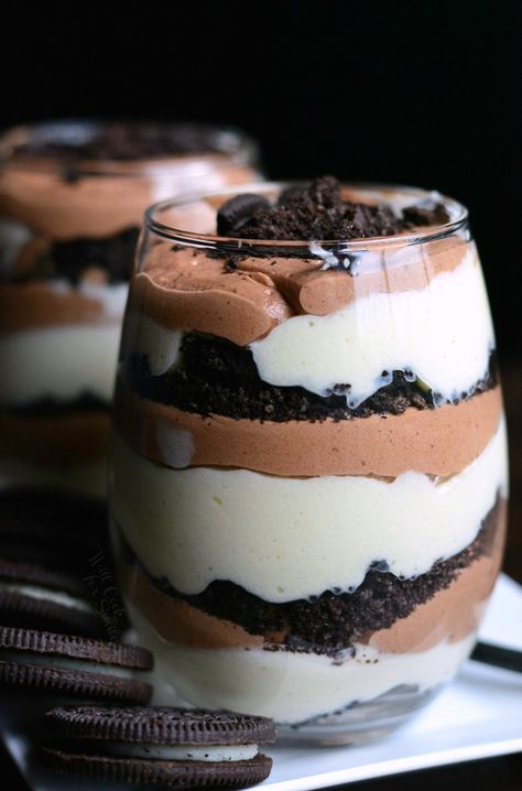 These amazing double chocolate mousse parfaits are perfect for sharing with someone special. Two types of lighter than air chocolate mousse is layered with crunchy Oreo cookie crumbles. Chocolate Mousse Parfait Recipe, Double Chocolate Mousse, Oreo Mousse, Easy Chocolate Mousse, Dark Chocolate Mousse, Oreo Chocolate, White Chocolate Mousse, Parfait Recipes, Chocolate Mousse Recipe