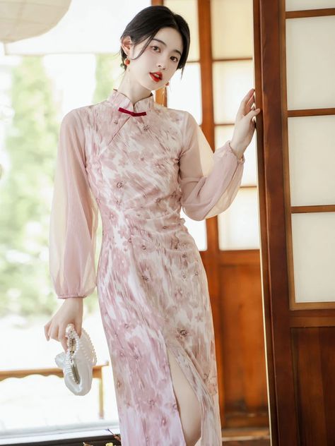 Pink Cheongsam, Chinese Qipao, Retro Chinese, Qipao Dress, China Dress, Cheongsam Dress, Peach Blossoms, Sheer Sleeves, Cheongsam