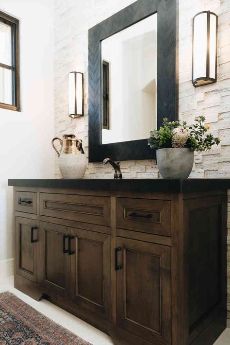 Bathroom Tile With Dark Cabinets, White Bathroom With Dark Vanity, Bathroom With Wooden Cabinets, Bathroom Vanity Dark Counter, Neutral Rustic Bathroom, Dark Granite Countertops Bathroom Master Bath, Bathroom Ideas Dark Countertop, Bathroom With Dark Wood Cabinets, Dark Bathroom Vanity Countertops