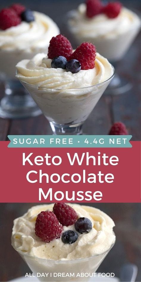 Creamy keto cheesecake mousse with white chocolate and fresh berries. This easy low carb and sugar-free dessert whips up in about 15 minutes, start to finish. Delicious stuff! Keto Cheesecake Pudding, Cheesecake Pudding Recipes, White Chocolate Mousse Recipe, Keto White Chocolate, Sugar Free White Chocolate, Low Carb Low Fat Recipes, Cheesecake Mousse, Cheesecake Pudding, White Chocolate Mousse