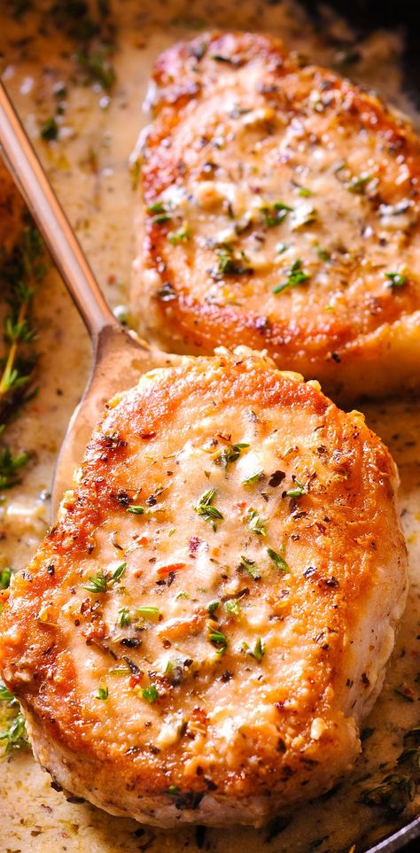 Pork Chops, seared in a cast iron skillet, with creamy white wine sauce Low Carb Pork Chops, Creamy White Wine Sauce, Pork Entrees, Low Carb Pork, Pork Chop Recipes Baked, Pork Chop Dinner, Seasoning Salt, Pork Dinner, White Wine Sauce