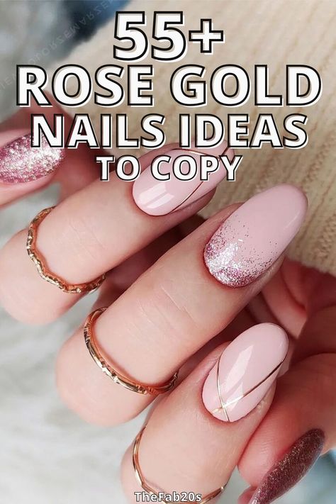 Fall Nails With Rose Gold, Rose Gold Nail Ideas Short, Classy Rose Gold Nails, Rose Gold Heart Nails, Rose Gold Nail Designs Classy, Gel Nails Rose Gold, Mauve Nail Art Designs, Light Pink Rose Gold Nails, Rose Gold Accent Nails