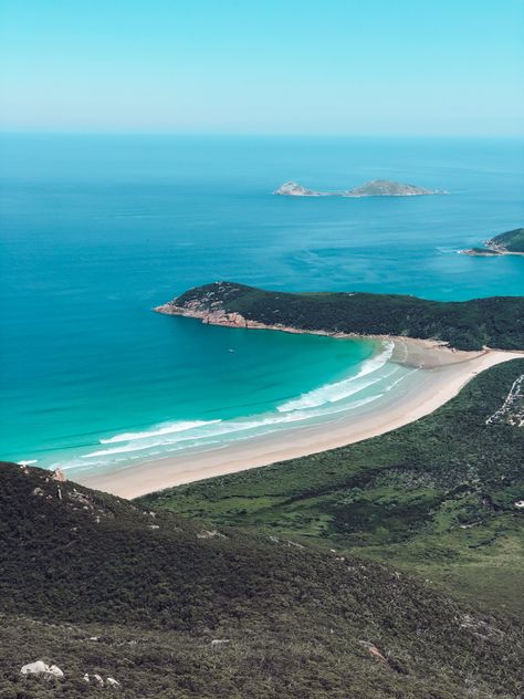 Tree covered forest seen from the mountains with beach and campground off in the distance. Wilson’s Promontory, Wilsons Promontory, The Peak, Dream Life, Road Trip, National Parks, Prom, Bring It On