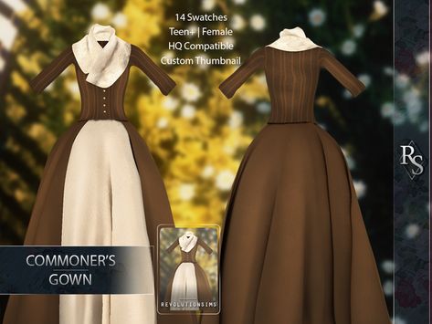 TS4 Commoner's Gown | Revolution Sims on Patreon Sims 4 19th Century Cc, Sims 4 Rococo Cc, 1890 Dress, Simple Gown, Sims 4 Decades Challenge, Sims Medieval, Disney Challenge, Cc Clothes, Pelo Sims