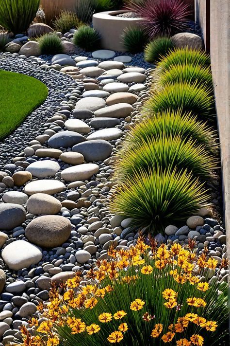 Serene backyard with dry creek bed and droughttolerant plants Garden Stream Ideas, Stream Landscaping, Affordable Landscaping Ideas, Backyard On A Budget, Serene Backyard, Affordable Landscaping, Dry Stream, Xeriscape Front Yard, Landscaping Shrubs