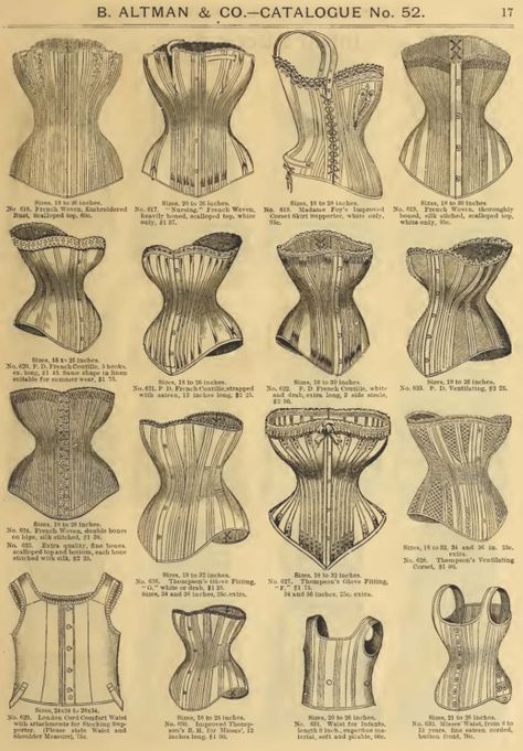 Late Victorian Era Ladies' Corsets - 1886 B. Altman & Co. Catalog  Top row, Second from left.  No. 617. Sizes 20 to 26 inches, "Nursing", French woven, heavily boned, scalloped top, white only, 1.37 Victorian Corsets, Era Victoria, Victorian Era Fashion, Victorian Corset, History Fashion, 19th Century Fashion, Victorian Clothing, Edwardian Fashion, Old Book