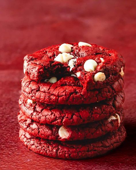 Red velvet cake mix cookies are soft and chewy red velvet cookies with creamy white chocolate chips. What makes this red velvet cookies from cake mix the best recipe is that you only need a few simple ingredients to make them. They’re the perfect easy to make, holiday cookie you can enjoy all year long. Red Velvet Cookie Recipes Easy, Red Velvet Box Cookies, Best Red Velvet Cookies Recipe, Red Velvet Snowball Cookies, Red Velvet Box Cake Cookies, How To Make Red Velvet Cookies, Red Velvet Cake Box Cookies, White Cake Mix Cookies Recipes, Redvelvet Cookies Recipe