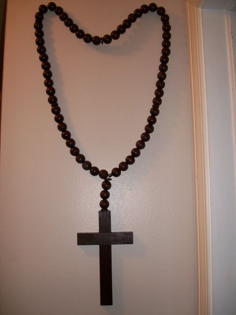 A decorative Rosary I made as a wall hanging. Big Rosary On Wall, Rapture Tattoo, Rosary Display, Protestant Prayer Beads, Chaplet Rosary, Diy Home Accessories, Prayer Room, Rosary Catholic, Rosary Beads