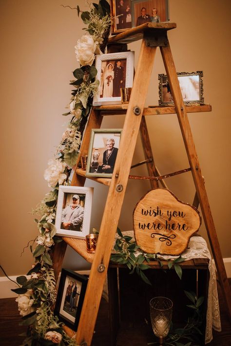 Wedding Ladder Ideas, Ladder Decor Wedding Receptions, Picture Board Wedding Receptions, Remembrance Ladder Wedding, Picture Ladder Wedding, Ladder Picture Display Wedding, Wedding Photo Display At Reception Family Pictures, Wedding Guests Who Have Passed, Wedding Wish You Were Here Ideas