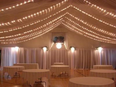 just some Christmas lights, white table cloths, some lamps and a TON of sheer white fabric Wedding Reception Hall, Frugal Wedding, Ceiling Draping, Dance Floors, Ideas Food, Wedding Hall, Hall Decor, Reception Hall, White Table Cloth