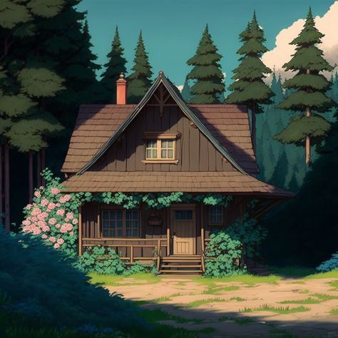 Animated House Drawing, Cottage In Forest Drawing, Ghibli Style House, Forest Home Illustration, House In Forest Illustration, Studio Ghibli Cottage, Cabin Pixel Art, Forest Cabin Painting, Forest Cottage Art