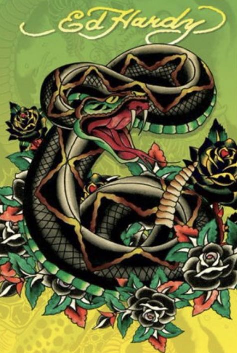 Snake Poster, Ed Hardy Designs, Ed Hardy Tattoos, Don Ed Hardy, Tattoo Posters, Traditional Tattoo Flash, Christian Audigier, Poster Poster, Art Collage Wall