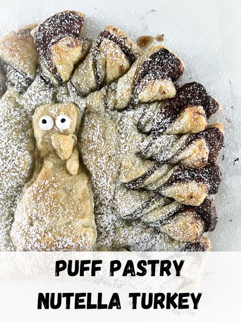 Thanksgiving Puff Pastry Desserts, Puff Pastry Dessert Thanksgiving, Nutella Turkey, Easy Thanksgiving Appetizers For Kids, Nutella Thanksgiving Dessert, Puff Pastry Thanksgiving, Nutella Pastry Recipes, Nutella Turkey Puff Pastry, Thanksgiving Puff Pastry Appetizers