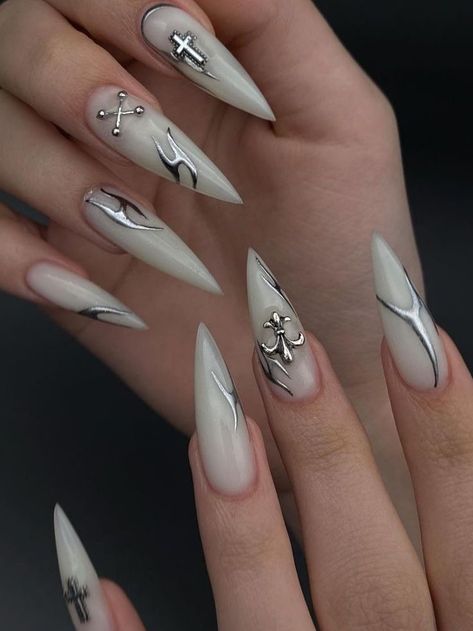 White Stiletto Nails, Wife Nails, Acrylic Nail Designs Coffin, Nail Piercing, Witch Nails, Asian Nails, Punk Nails, Gothic Nails, Edgy Nails