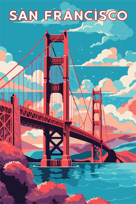 San Francisco Illustration, Architecture Silhouette, San Francisco Aesthetic, Coast Architecture, San Francisco Poster, Landscape Silhouette, Aesthetic Elements, Landmarks Art, Storm Troopers