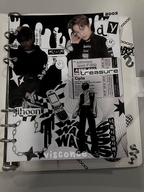 treasure jihoon doyoung binder cover inspo Ateez Binder Cover Ideas, Binder Stickers Cover, Pc Binder Cover, Kpop Binder Cover Printable, Binder Cover Ideas For School, Kpop Notebook Cover, Binder Aesthetic Cover, Kpop Binder Cover Ideas, Binder Cover Kpop