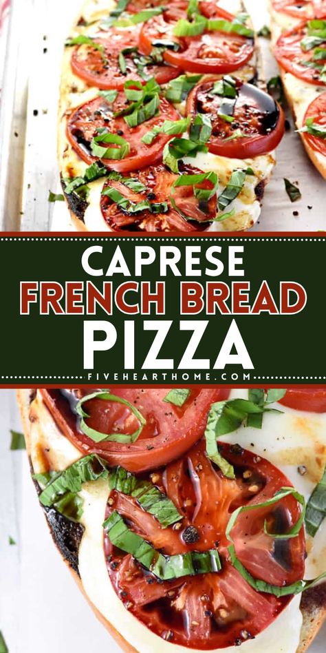 A summer dinner idea featuring French loaf pizza! This caprese recipe is an easy summer meal in under 30 minutes. Made with garlic-infused olive oil, mozzarella, tomatoes, basil, and balsamic reduction, this Caprese French Bread Pizza is full of Italian flavor! Caprese French Bread, Loaf Pizza, Caprese Garlic Bread Recipe, Bread Tomato Mozzarella, Tomato Basil Mozzarella French Bread, Basil Mozzarella Pizza, Easy Summer Meal, Caprese Recipe, Tomatoe Mozarella Basil Flatbread