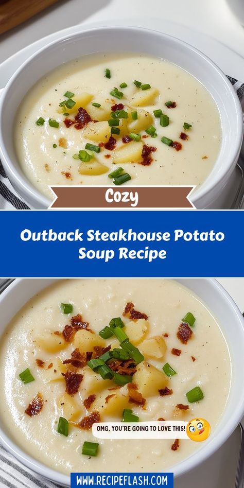 Indulge in a comforting bowl of Outback Steakhouse Potato Soup! This creamy recipe is filled with tender potatoes, crispy bacon, and melty cheese, making it a satisfying soup for any meal. Perfect for chilly days or gatherings, it brings warmth and flavor to your table. Try it tonight! Outback Potato Soup Recipe Copycat, Outback Steakhouse Potato Soup Recipe, Outback Potato Soup, Outback Steakhouse Recipes, Old Fashioned Potato Soup, Steakhouse Potatoes, Steakhouse Recipes, Potatoes Crispy, Creamy Recipes